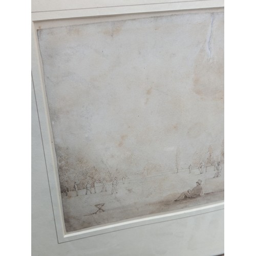 794 - Cricket interest: an early 19th century pen and ink sketch depicting a game of cricket, unsigned, th... 