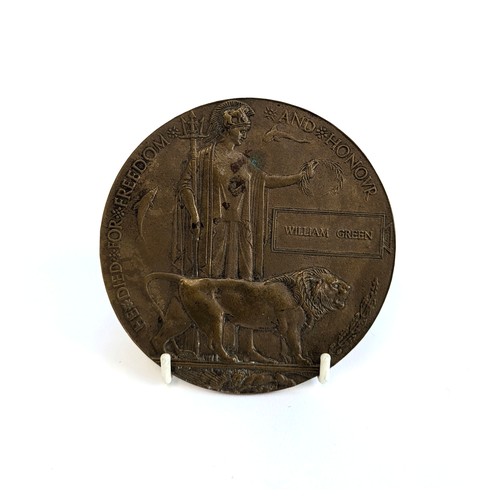 296 - A WWI bronze death plaque awarded to William Green