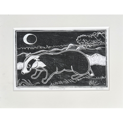 John Walker, 'Badger at Badbury Rings', mounted linocut, signed titled ...