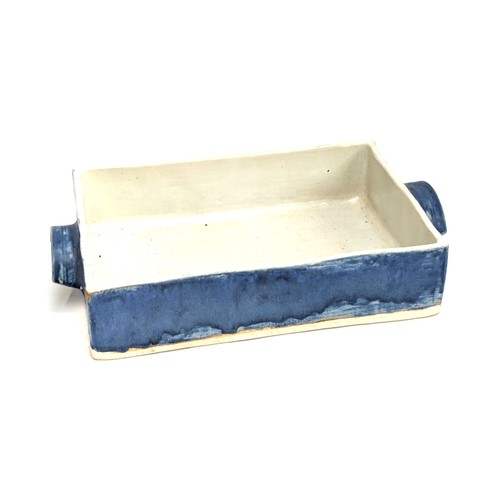 268 - A large deep rectangular studio pottery dish with semi-circular handles, 39x27.5x9cmH