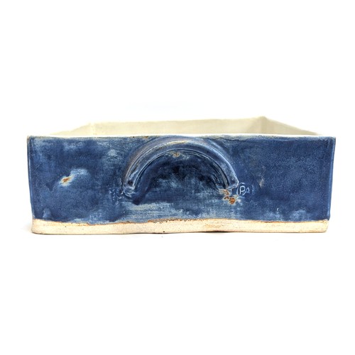 268 - A large deep rectangular studio pottery dish with semi-circular handles, 39x27.5x9cmH