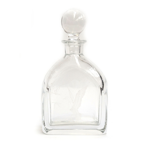 277 - Edward Hald for Orrefors, a heavy mid-century glass decanter etched with ducks, with circular magnif... 