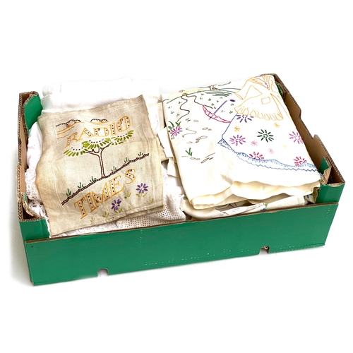 302 - A box of assorted table linen to include: damask, Radio Times cover, floral embroidery, etc
