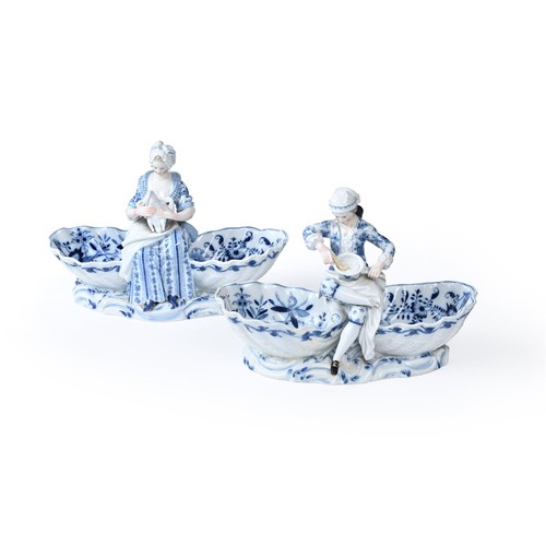 273 - A pair of 19th century Meissen double shell-shaped salt cellars or sweet meat dishes, one centrally ... 