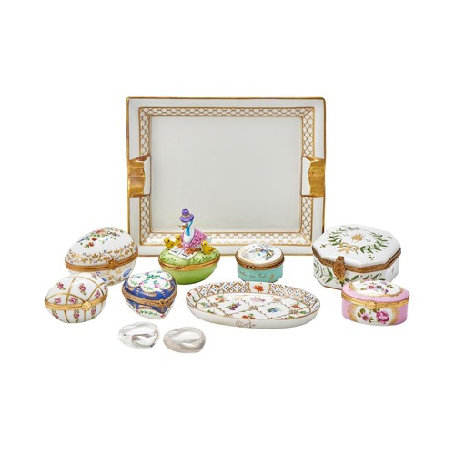 250 - A collection of Limoges porcelain boxes from 5cm to 8cm; together with a French porcelain dish 16x20... 