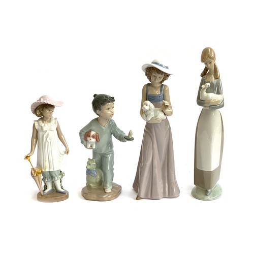 281 - A group of four NAO Lladro porcelain figurines to include girl with parasol, boy with teddy, girl wi... 