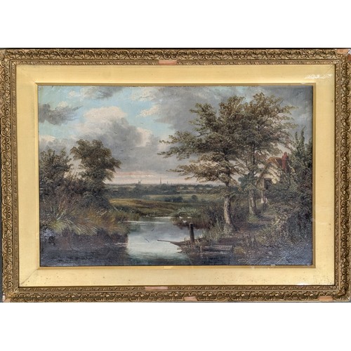 19th century British School, river landscape with a thatched cottage ...