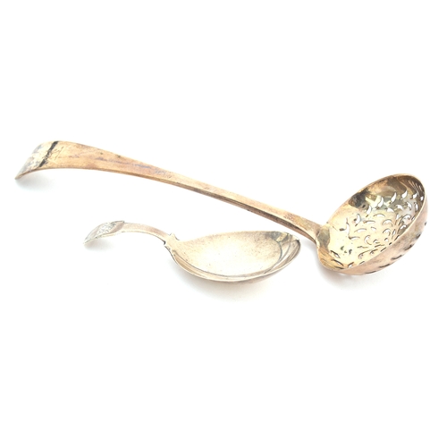 59 - A George III silver caddy spoon, London 1816; together with an Old English pattern sugar sifter, Lon... 