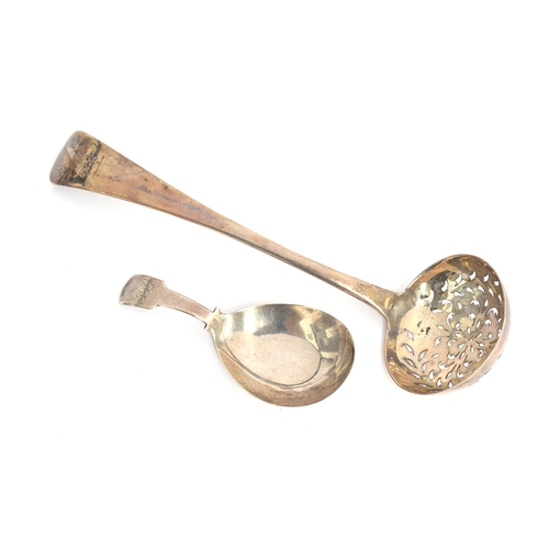 59 - A George III silver caddy spoon, London 1816; together with an Old English pattern sugar sifter, Lon... 