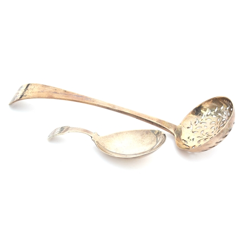 59 - A George III silver caddy spoon, London 1816; together with an Old English pattern sugar sifter, Lon... 