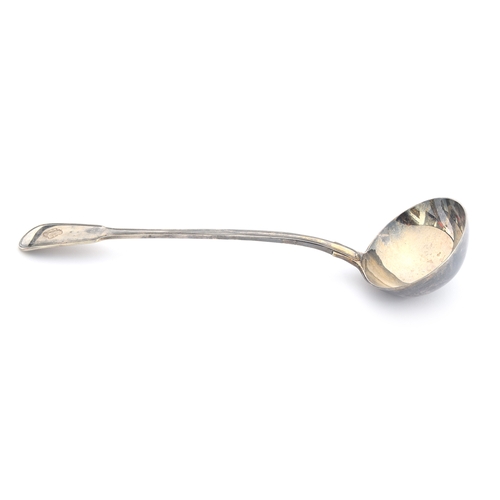 48 - A large Victorian silver fiddle and thread pattern soup ladle by William Eaton, London 1840, crested... 