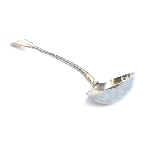 48 - A large Victorian silver fiddle and thread pattern soup ladle by William Eaton, London 1840, crested... 