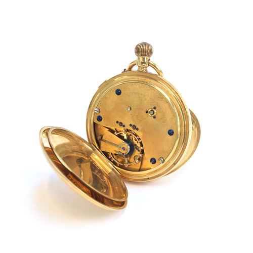 41 - A late Victorian 18ct gold full hunter top wind pocket watch, the white enamel dial signed 'Russells... 