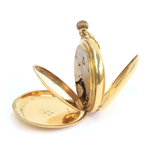 41 - A late Victorian 18ct gold full hunter top wind pocket watch, the white enamel dial signed 'Russells... 