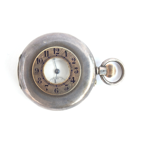 39 - A Swiss made 835 silver and gold mounted half hunter top wind pocket watch, the outer case with gold... 