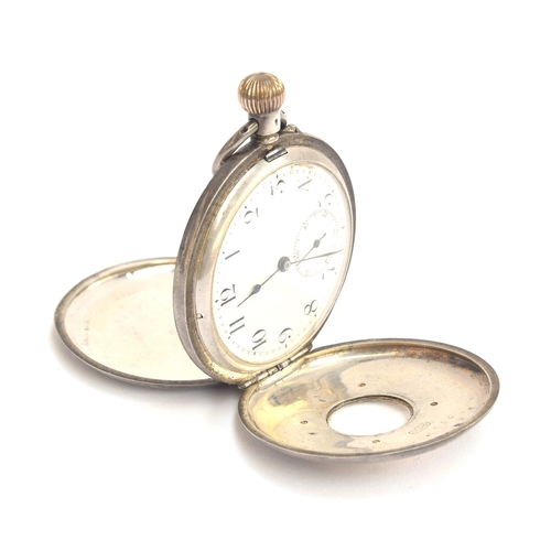 39 - A Swiss made 835 silver and gold mounted half hunter top wind pocket watch, the outer case with gold... 