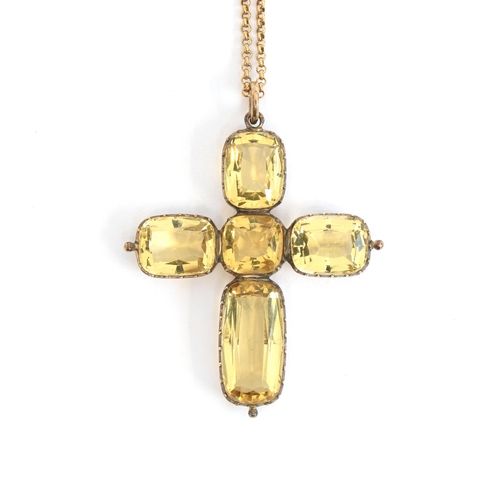 13 - A Victorian gold mounted citrine cross pendant, the citrines in open backed cut down collect setting... 
