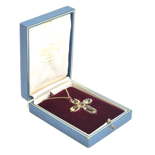 13 - A Victorian gold mounted citrine cross pendant, the citrines in open backed cut down collect setting... 