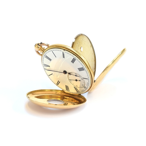 43 - An 18ct gold (tested) half hunter key wind pocket watch, the case with enamelled Roman numerals, ope... 