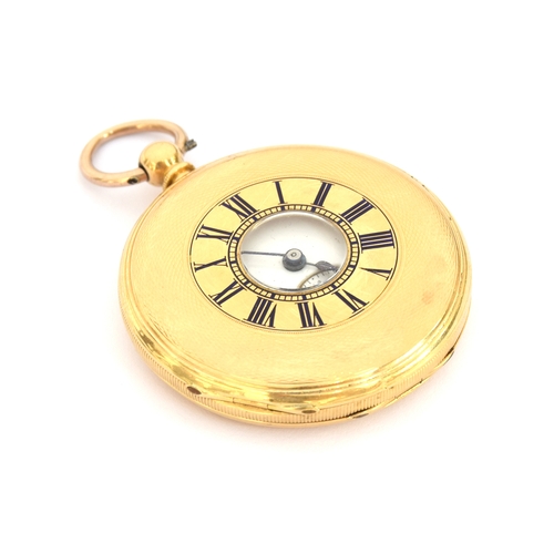 43 - An 18ct gold (tested) half hunter key wind pocket watch, the case with enamelled Roman numerals, ope... 