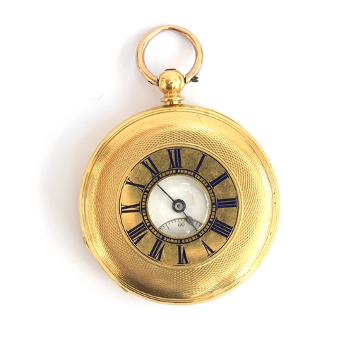 43 - An 18ct gold (tested) half hunter key wind pocket watch, the case with enamelled Roman numerals, ope... 