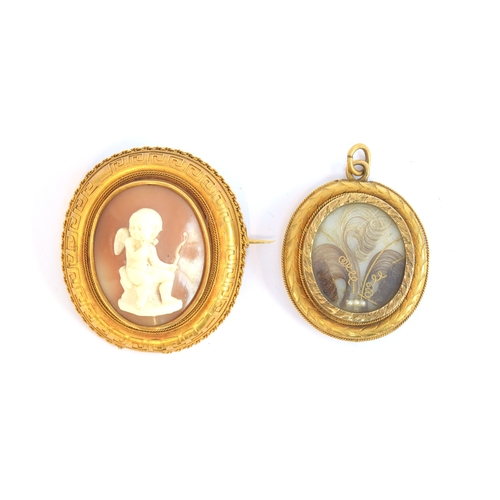 19 - A Victorian gold mounted carved shell cameo brooch depicting cupid seated, 4cm long, 8.3g; together ... 