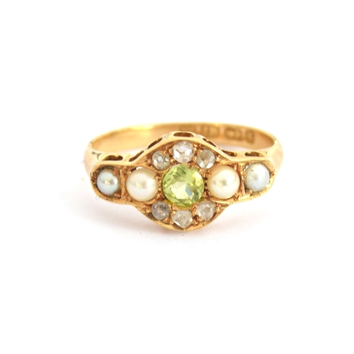 5 - A Victorian 18ct gold, diamond, pearl and chrysoberyl ring, hallmarked for Birmingham 1893, size N, ... 