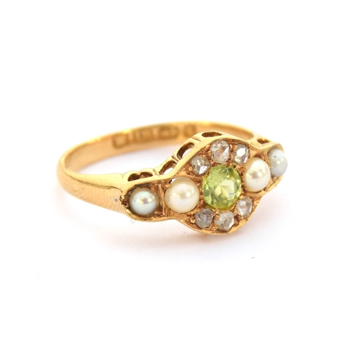 5 - A Victorian 18ct gold, diamond, pearl and chrysoberyl ring, hallmarked for Birmingham 1893, size N, ... 