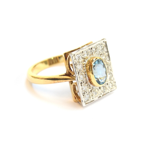8 - Am 18ct gold, aquamarine and diamond panel ring, the aquamarine 0.44ct, the panel 1.5x1.3cm, size N ... 