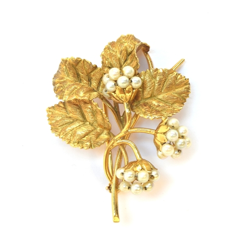 18 - A 18ct gold and seed pearl brooch naturalistically modelled as a spray of blackberries, 5cm long, 10... 