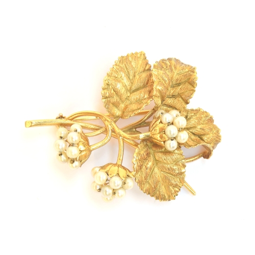 18 - A 18ct gold and seed pearl brooch naturalistically modelled as a spray of blackberries, 5cm long, 10... 