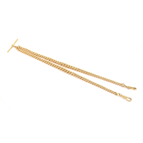29 - A 9ct gold fob chain/necklace of graduated curb link form, fastening with two dog clips, with T bar,... 