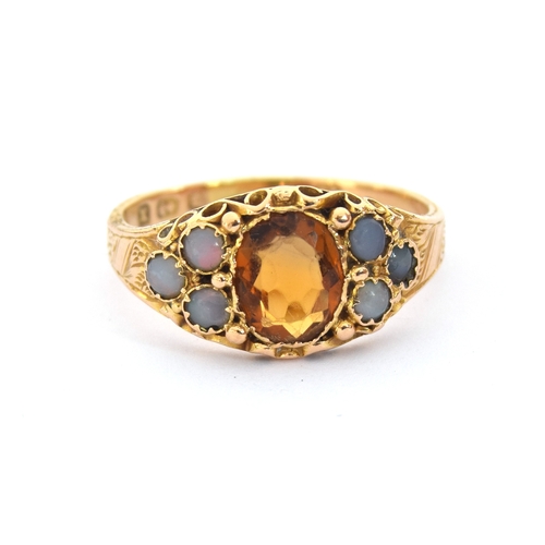 4 - A Victorian 15ct gold, citrine and opal ring, engraved detail to shank, hallmarked for Birmingham 18... 