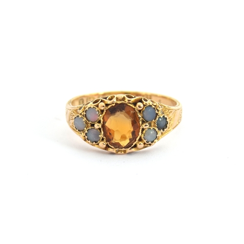 4 - A Victorian 15ct gold, citrine and opal ring, engraved detail to shank, hallmarked for Birmingham 18... 