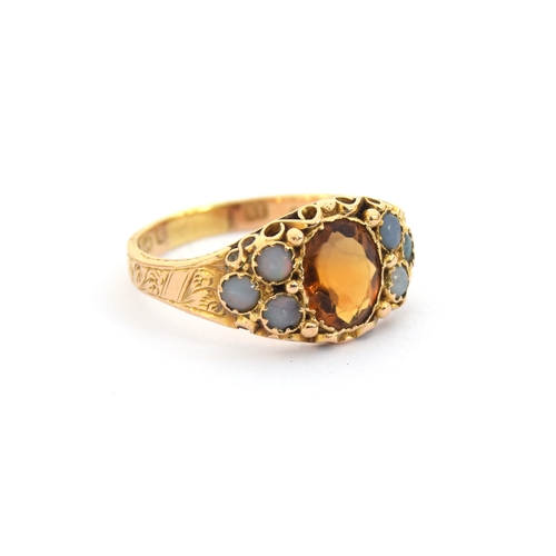 4 - A Victorian 15ct gold, citrine and opal ring, engraved detail to shank, hallmarked for Birmingham 18... 