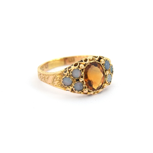 4 - A Victorian 15ct gold, citrine and opal ring, engraved detail to shank, hallmarked for Birmingham 18... 
