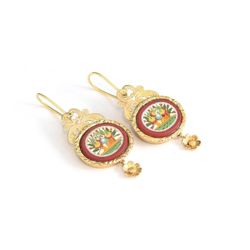 21 - A pair of 19th century Grand Tour gold mounted micromosaic drop earrings depicting a basket of flowe... 