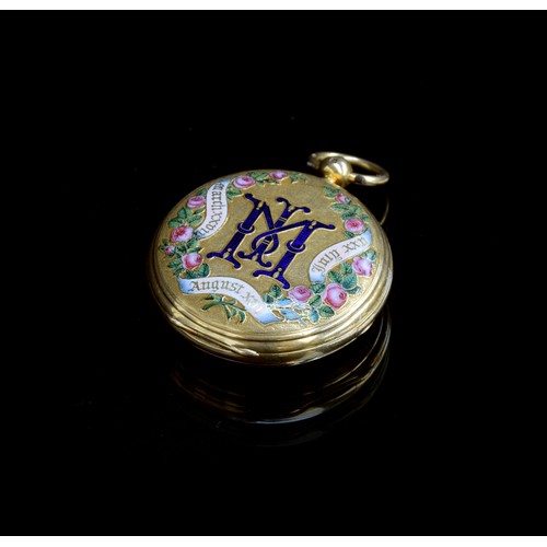 45 - An 18ct gold and enamelled full hunter fob watch of exceptional quality, the case enamelled to both ... 