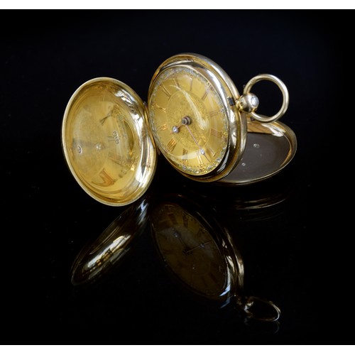 45 - An 18ct gold and enamelled full hunter fob watch of exceptional quality, the case enamelled to both ... 