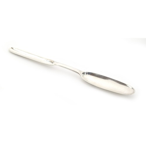 47B - An 18th century Irish double ended silver marrow scoop, marks rubbed, 20.5cm long, 1ozt