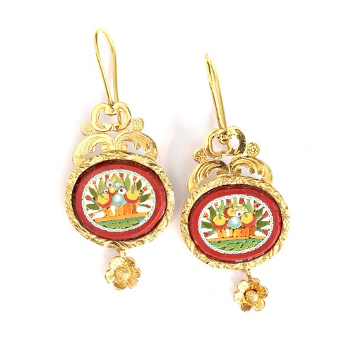 21 - A pair of 19th century Grand Tour gold mounted micromosaic drop earrings depicting a basket of flowe... 