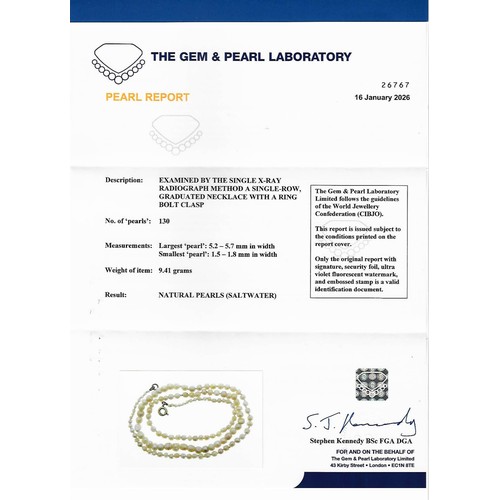 26 - A late 19th/early 20th century natural saltwater pearl necklace, the pearls ranging from 1.5mm to 5.... 