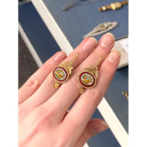 21 - A pair of 19th century Grand Tour gold mounted micromosaic drop earrings depicting a basket of flowe... 