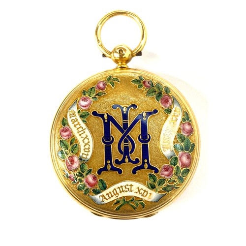 45 - An 18ct gold and enamelled full hunter fob watch of exceptional quality, the case enamelled to both ... 
