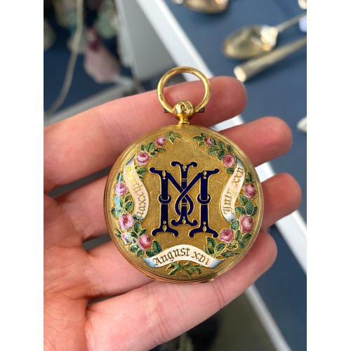 45 - An 18ct gold and enamelled full hunter fob watch of exceptional quality, the case enamelled to both ... 