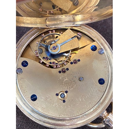 41 - A late Victorian 18ct gold full hunter top wind pocket watch, the white enamel dial signed 'Russells... 