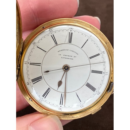 41 - A late Victorian 18ct gold full hunter top wind pocket watch, the white enamel dial signed 'Russells... 