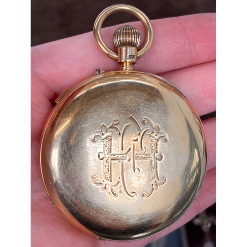 41 - A late Victorian 18ct gold full hunter top wind pocket watch, the white enamel dial signed 'Russells... 