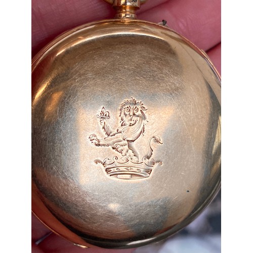 41 - A late Victorian 18ct gold full hunter top wind pocket watch, the white enamel dial signed 'Russells... 