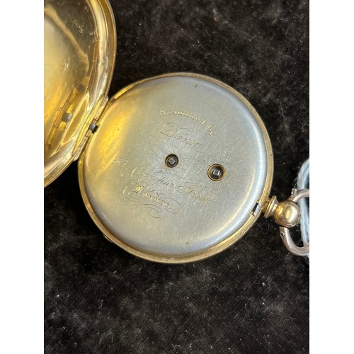 43 - An 18ct gold (tested) half hunter key wind pocket watch, the case with enamelled Roman numerals, ope... 